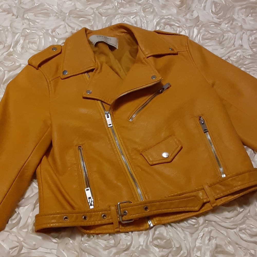 Zara mustard yellow faux leather moto jacket